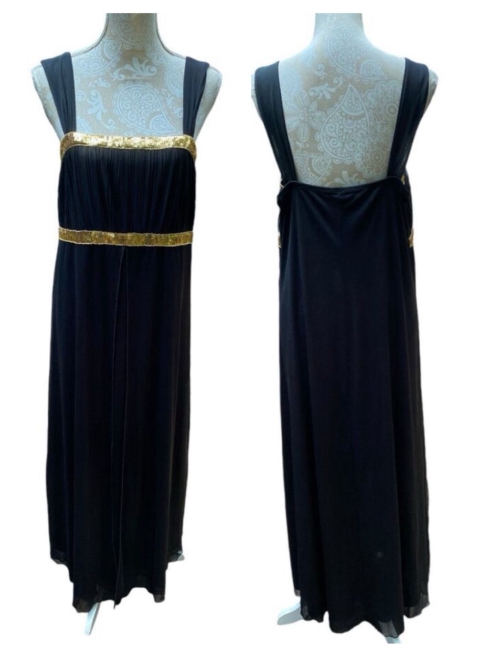 Nikki Mae Black Gold Sequined Empire Waist Evening Prom Maxi Dress Size 20